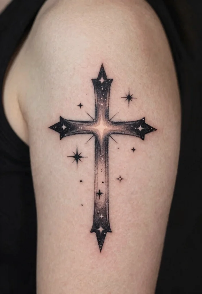 14 Cross Stencil Tattoo Ideas With Timeless Meaning - 10. Cross with Stars 1