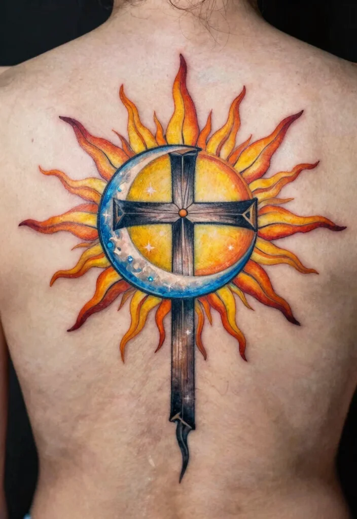 14 Cross Stencil Tattoo Ideas With Timeless Meaning - 11. Cross with Sun and Moon 1