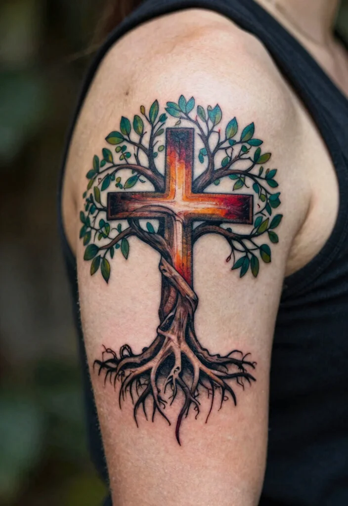 14 Cross Stencil Tattoo Ideas With Timeless Meaning - 13. Cross and Tree of Life 1