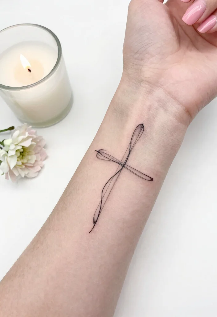 14 Cross Stencil Tattoo Ideas With Timeless Meaning - 2. Minimalist Line Cross Tattoo 1