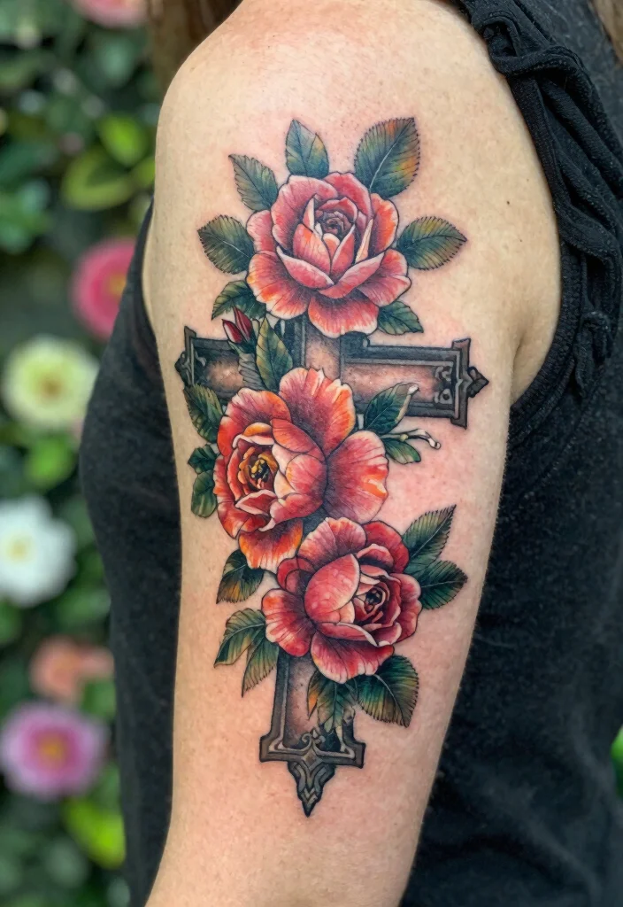 14 Cross Stencil Tattoo Ideas With Timeless Meaning - 3. Cross with Floral Elements 1