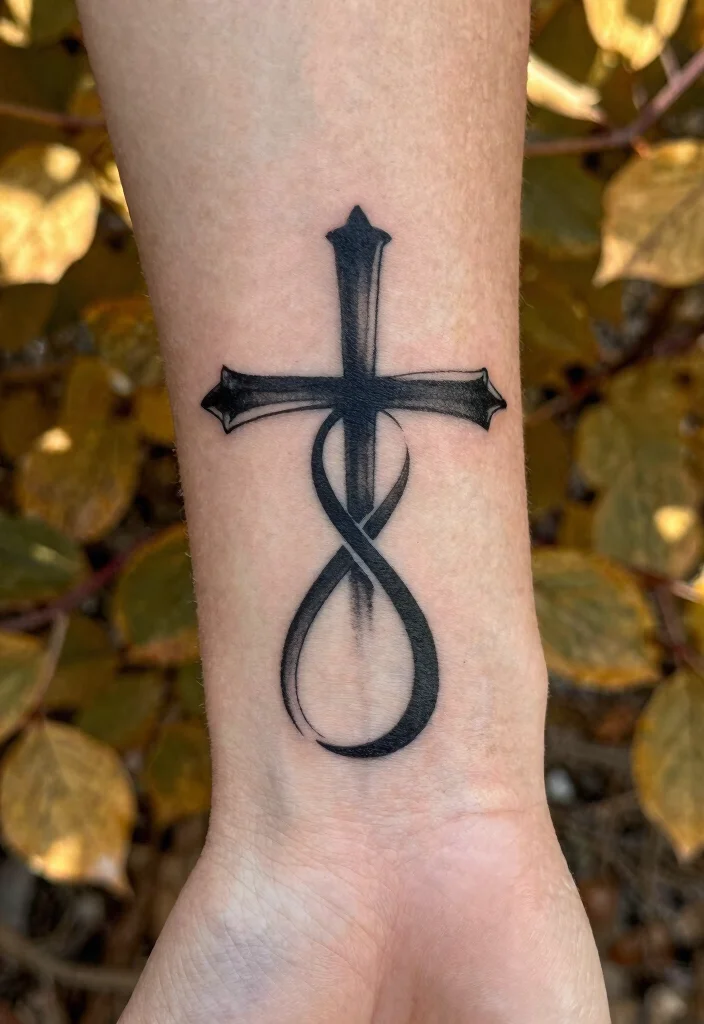 14 Cross Stencil Tattoo Ideas With Timeless Meaning - 4. Cross with Infinity Symbol 1