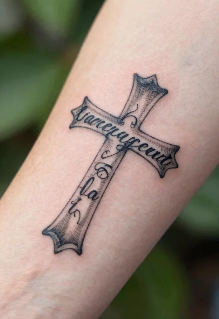 14 Cross Stencil Tattoo Ideas With Timeless Meaning - 6. Cross Stencil with Quote 1