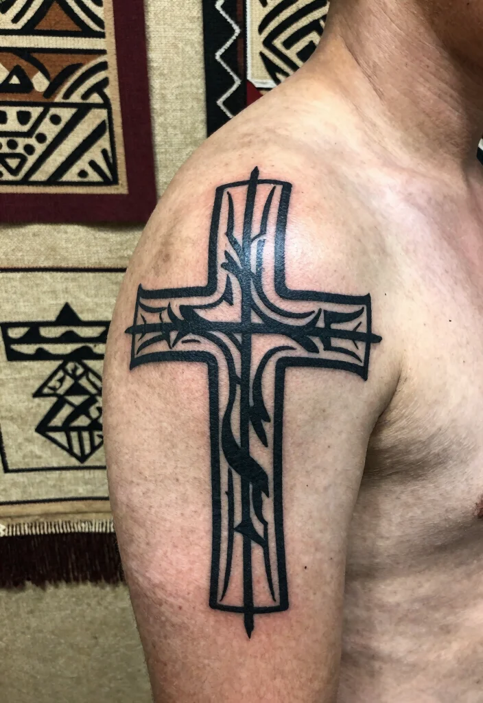 14 Cross Stencil Tattoo Ideas With Timeless Meaning - 7. Tribal Cross Stencil Tattoo 1