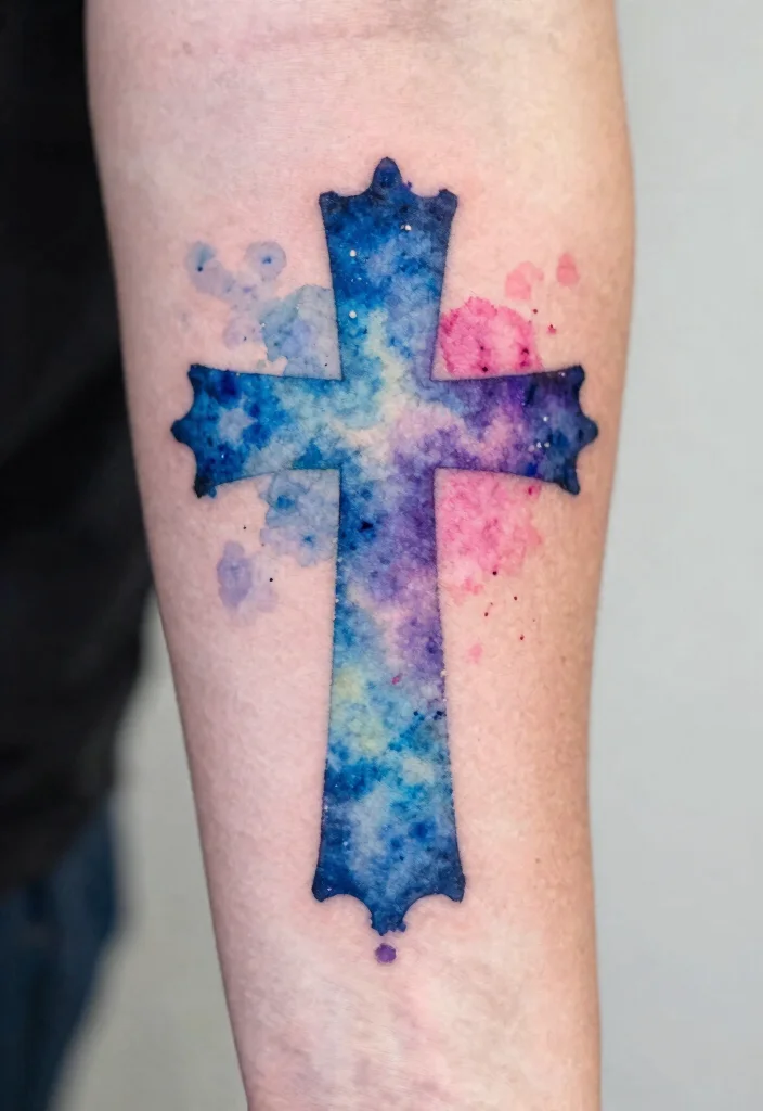 14 Cross Stencil Tattoo Ideas With Timeless Meaning - 8. Watercolor Cross Stencil Tattoo 1