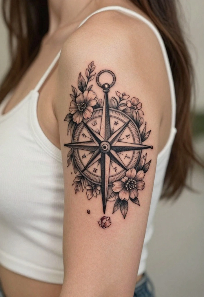 14 Flower Flash Tattoo Ideas With Soft Detail - 10. Floral Compass 1
