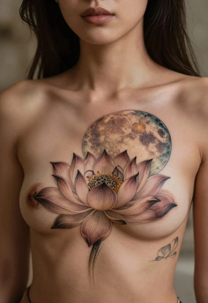 14 Flower Flash Tattoo Ideas With Soft Detail - 12. Lotus and Moon 1