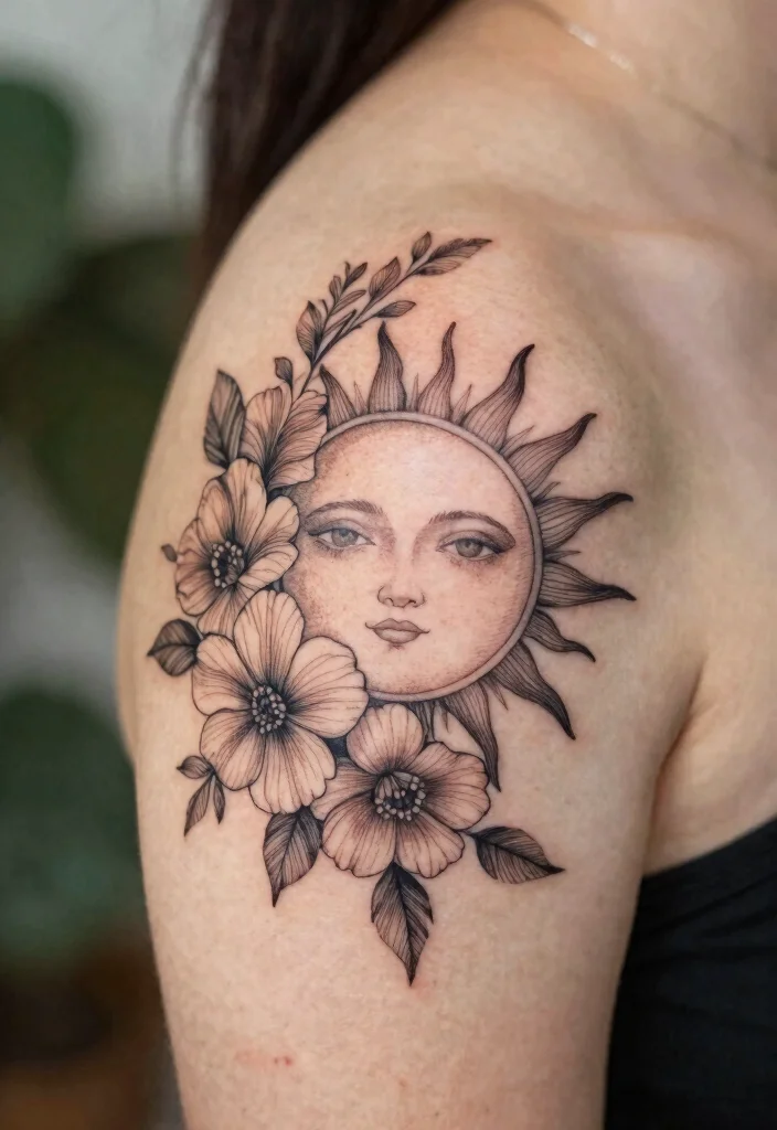 14 Half Sun Tattoo 2026 Trending Ideas With Minimal Style - 13. Half Sun with Floral Accents 1