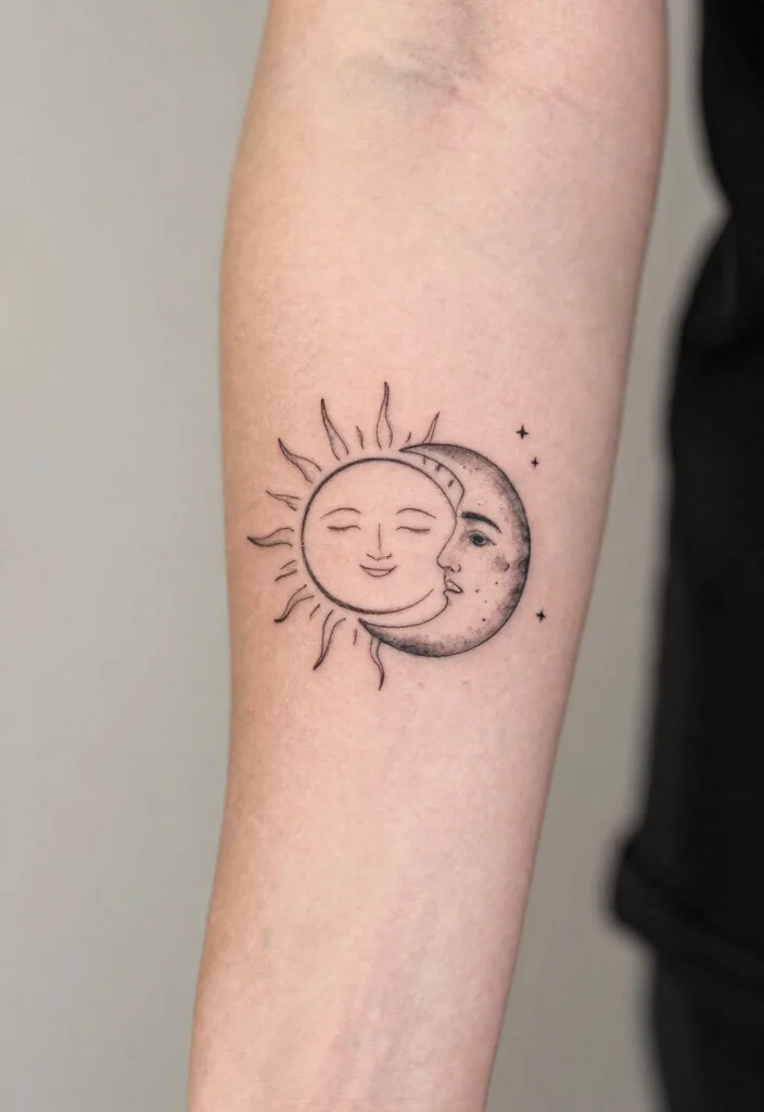 14 Half Sun Tattoo 2026 Trending Ideas With Minimal Style - 3. Minimalist Sun and Moon Combination 1