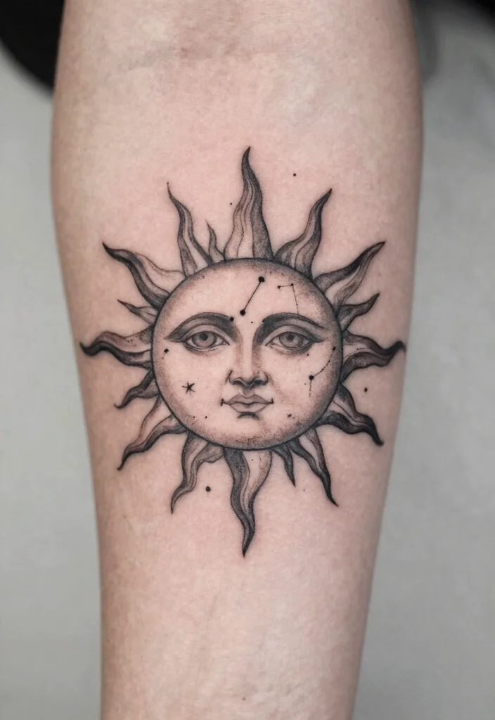 14 Half Sun Tattoo 2026 Trending Ideas With Minimal Style - 8. Half Sun with Constellations 1