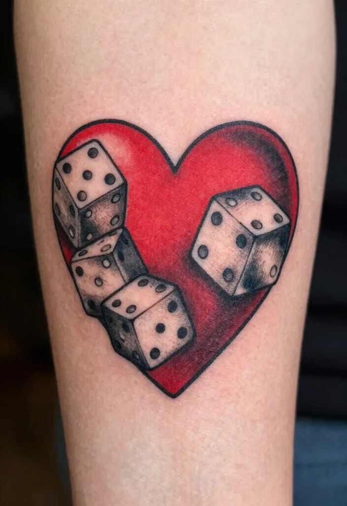 14 Heart Dice Tattoo Ideas With Playful Vibes - 1. Classic Heart Dice Combo 1