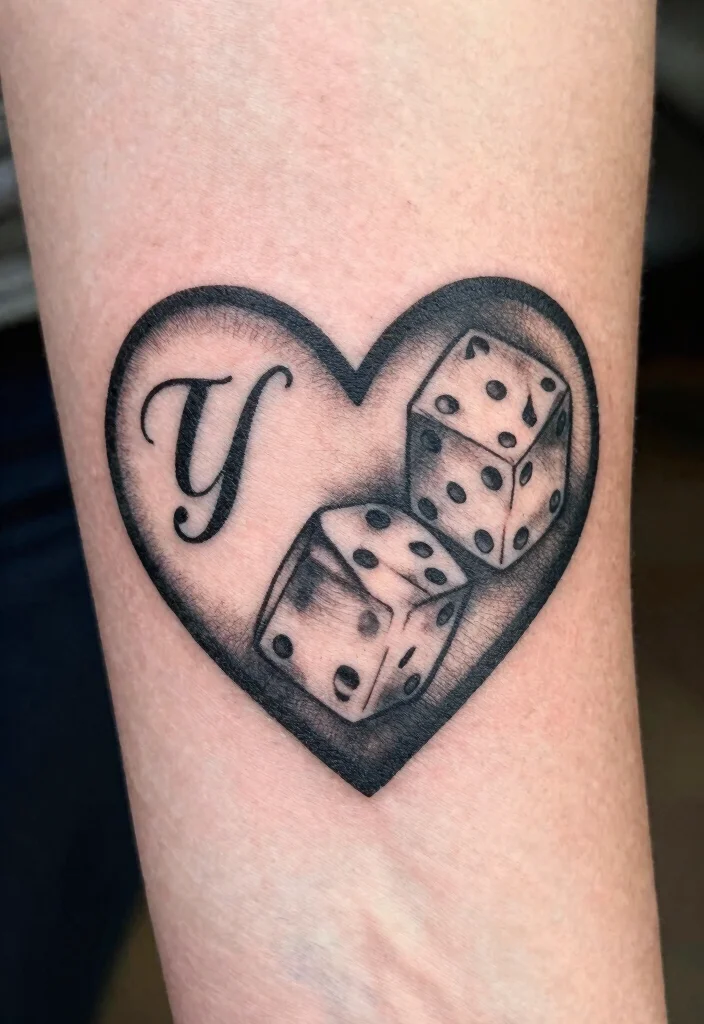 14 Heart Dice Tattoo Ideas With Playful Vibes - 10. Heart Dice with Initials 1