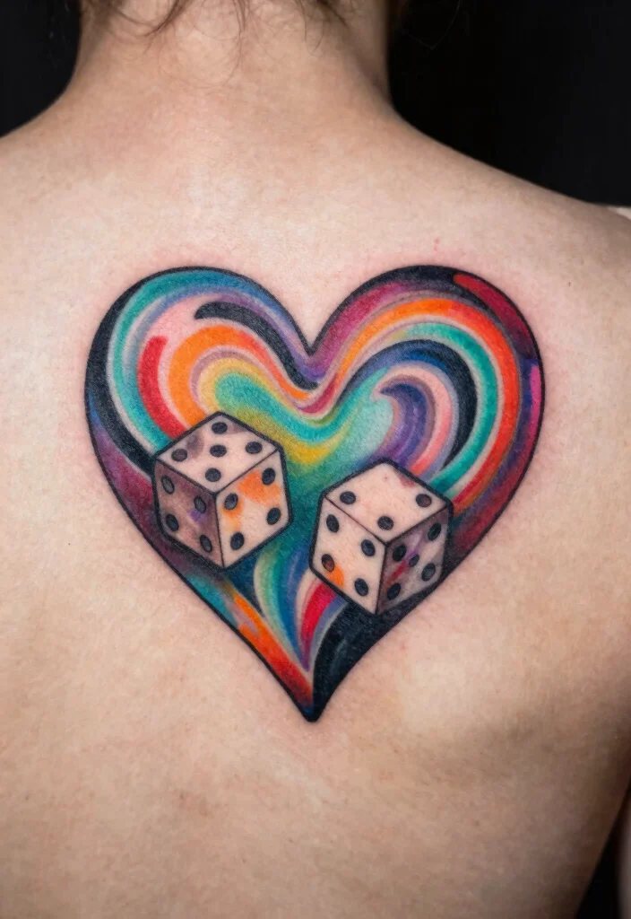 14 Heart Dice Tattoo Ideas With Playful Vibes - 11. Abstract Heart Dice 1