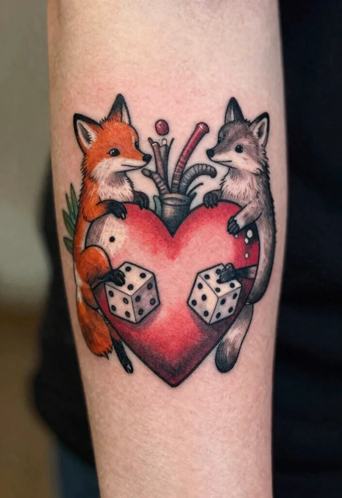 14 Heart Dice Tattoo Ideas With Playful Vibes - 12. Heart Dice with Animals 1