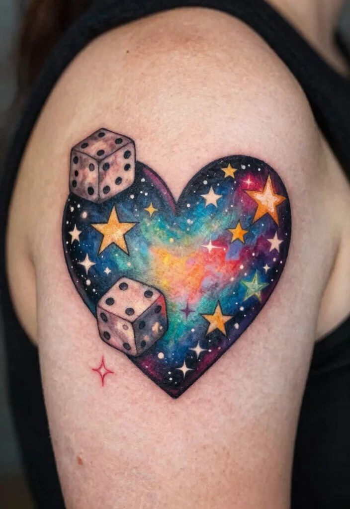 14 Heart Dice Tattoo Ideas With Playful Vibes - 13. Heart Dice with Stars 1
