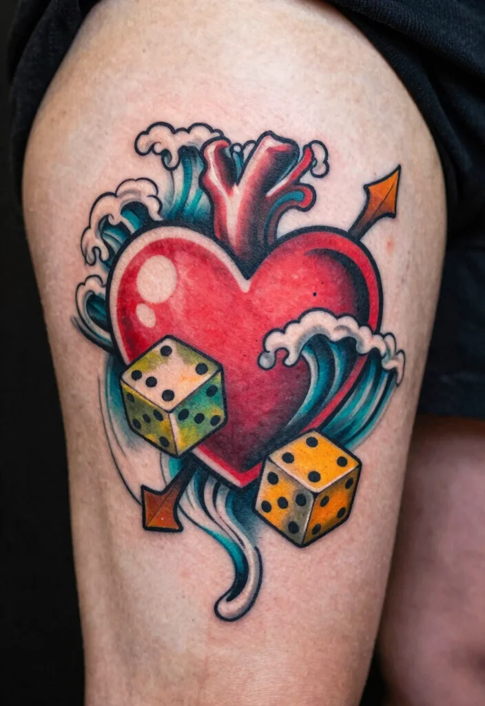 14 Heart Dice Tattoo Ideas With Playful Vibes - 14. Heart Dice in Motion 1