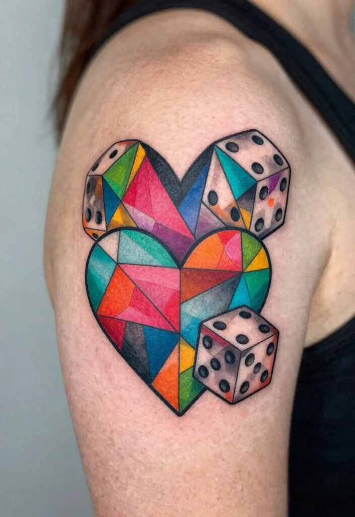 14 Heart Dice Tattoo Ideas With Playful Vibes - 2. Colorful Geometric Hearts 1