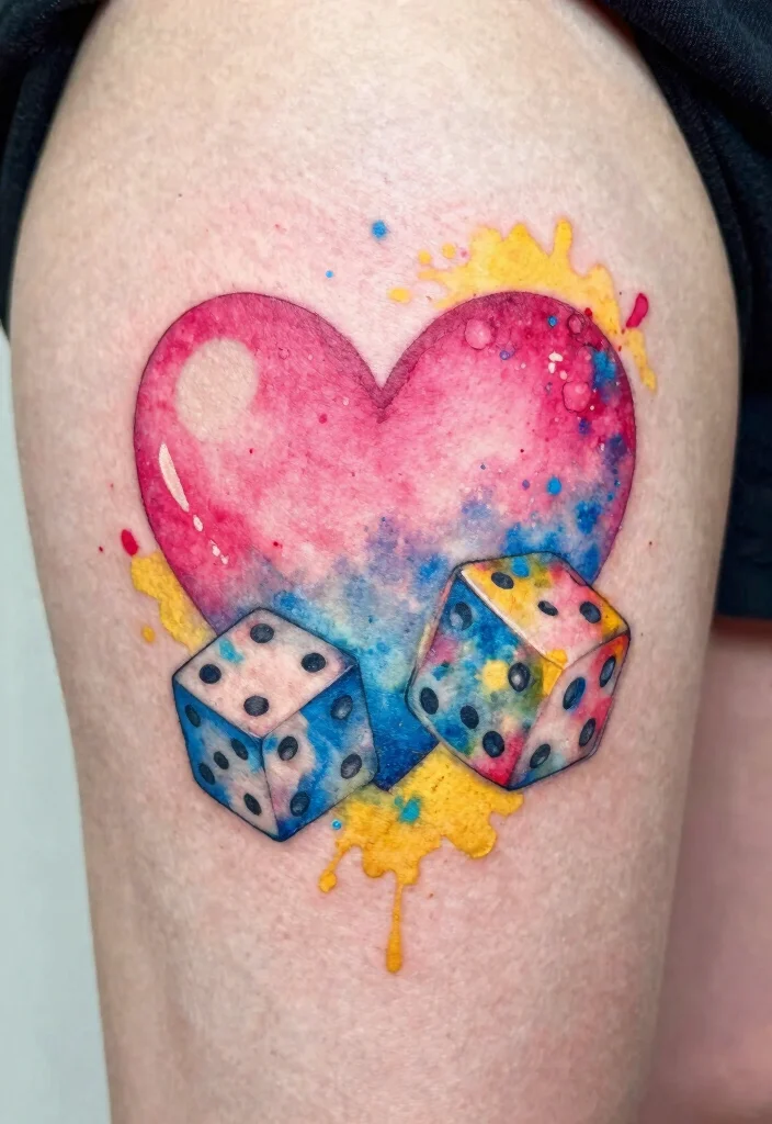 14 Heart Dice Tattoo Ideas With Playful Vibes - 4. Whimsical Watercolor Hearts 1