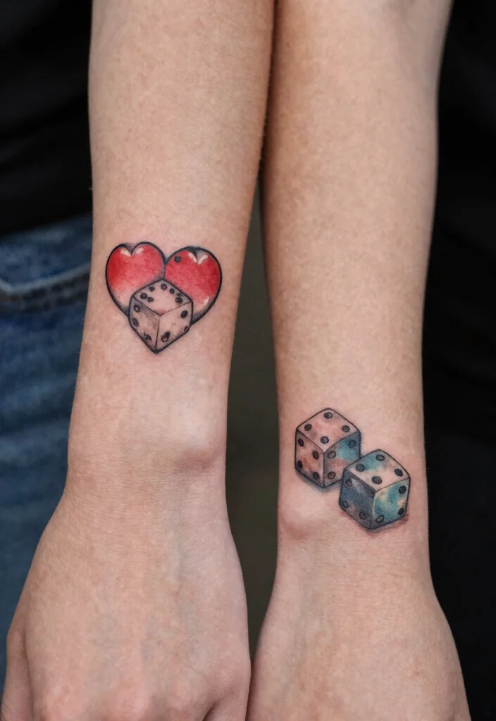 14 Heart Dice Tattoo Ideas With Playful Vibes - 5. Matching Heart Dice Tattoos 1
