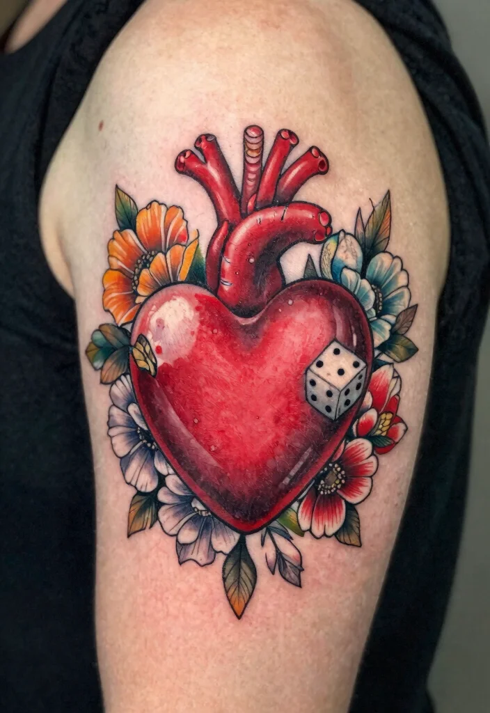 14 Heart Dice Tattoo Ideas With Playful Vibes - 6. Heart Dice with Flowers 1