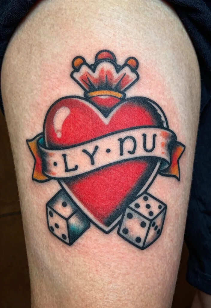 14 Heart Dice Tattoo Ideas With Playful Vibes - 9. Vintage Heart and Dice 1