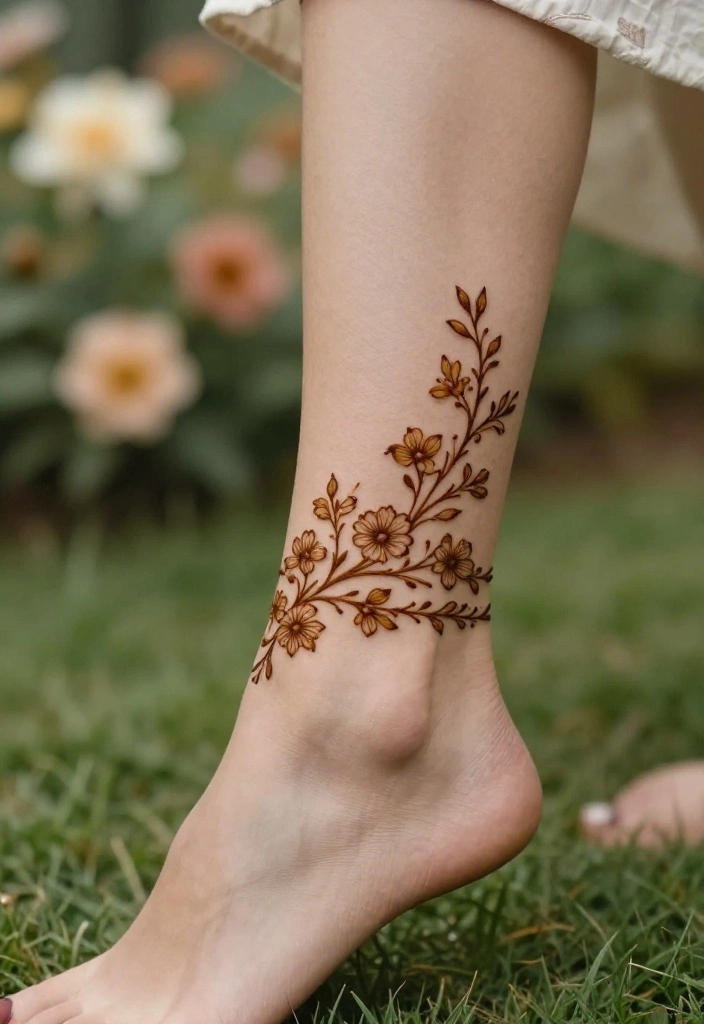 14 Henna Ankle Tattoo Ideas With Delicate Patterns - 1. Simple Floral Cuffs 1