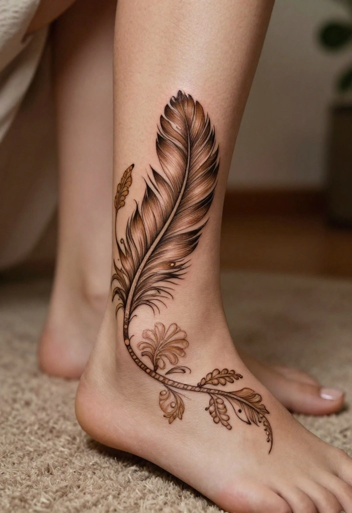 14 Henna Ankle Tattoo Ideas With Delicate Patterns - 11. Feathered Elegance 1