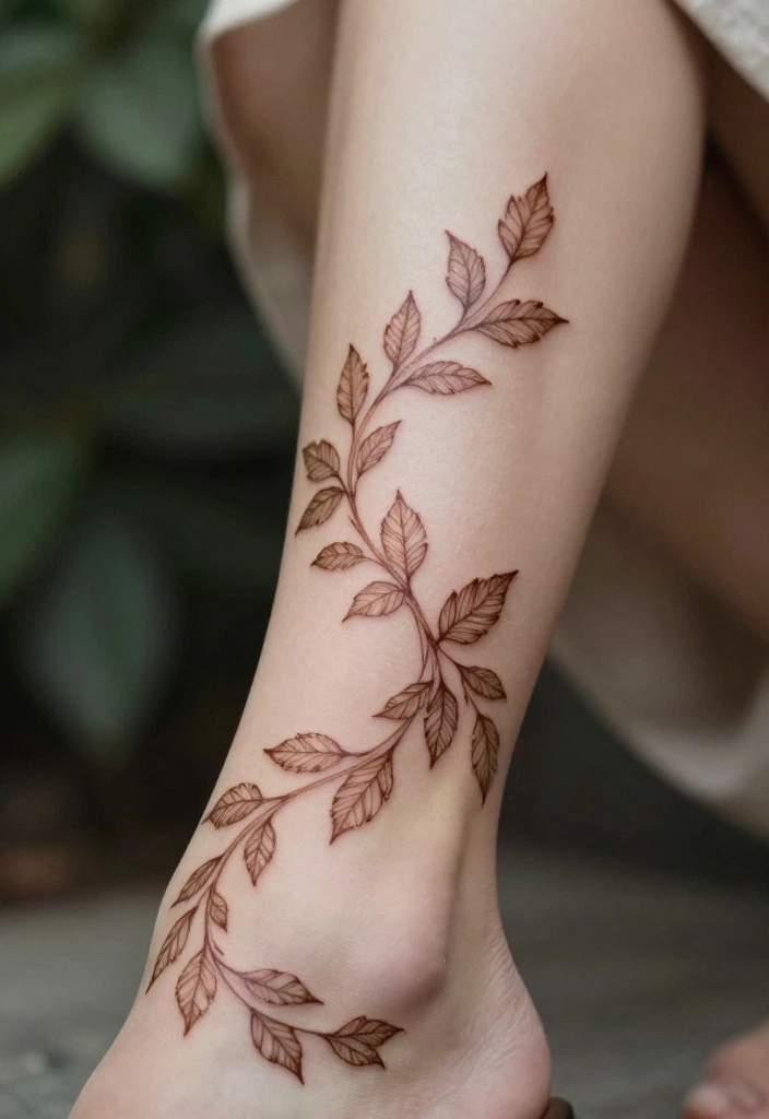 14 Henna Ankle Tattoo Ideas With Delicate Patterns - 12. Leafy Vine Patterns 1