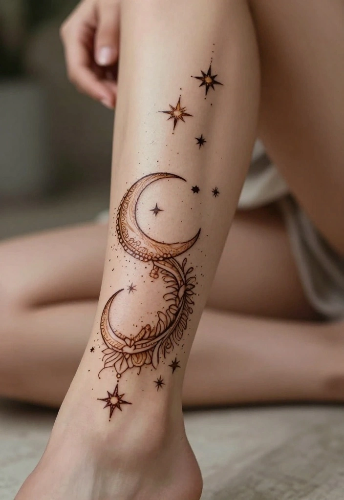 14 Henna Ankle Tattoo Ideas With Delicate Patterns - 13. Celestial Motifs 1