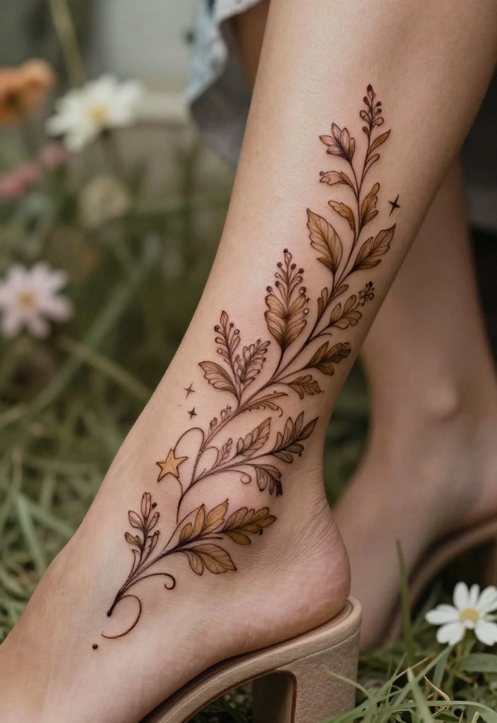 14 Henna Ankle Tattoo Ideas With Delicate Patterns - 6. Nature-Inspired Elements 1
