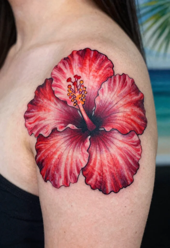 14 Hibiscus Shoulder Tattoo Ideas With Tropical Vibes - 1. Bold Hibiscus Blossom 1