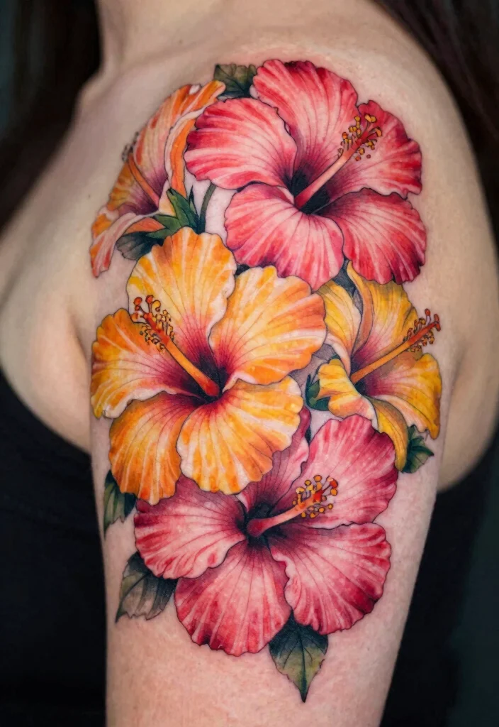14 Hibiscus Shoulder Tattoo Ideas With Tropical Vibes - 10. Layered Hibiscus 1
