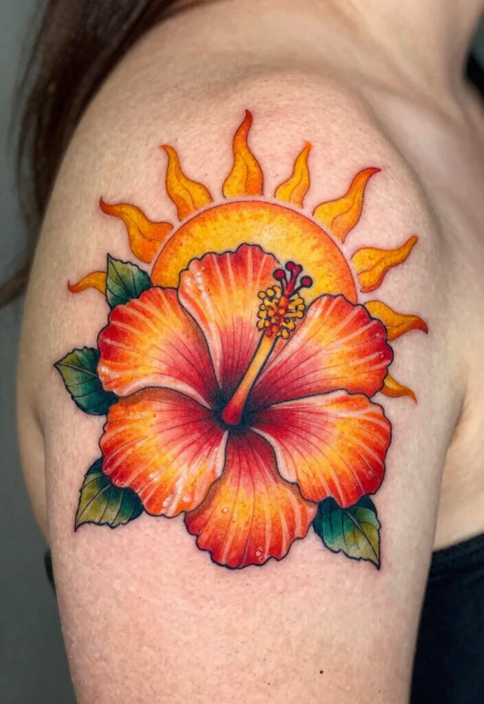 14 Hibiscus Shoulder Tattoo Ideas With Tropical Vibes - 11. Hibiscus and Sun 1