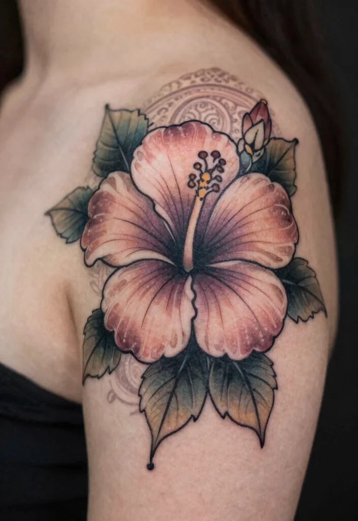 14 Hibiscus Shoulder Tattoo Ideas With Tropical Vibes - 12. Vintage Hibiscus 1