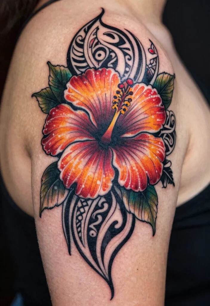 14 Hibiscus Shoulder Tattoo Ideas With Tropical Vibes - 13. Tribal Hibiscus 1