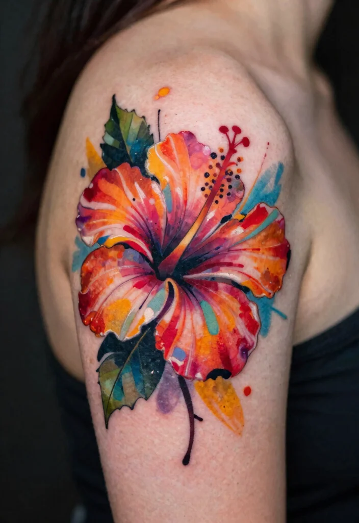 14 Hibiscus Shoulder Tattoo Ideas With Tropical Vibes - 14. Abstract Hibiscus 1