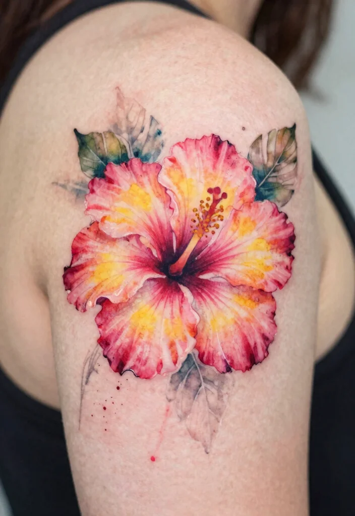 14 Hibiscus Shoulder Tattoo Ideas With Tropical Vibes - 2. Watercolor Hibiscus 1