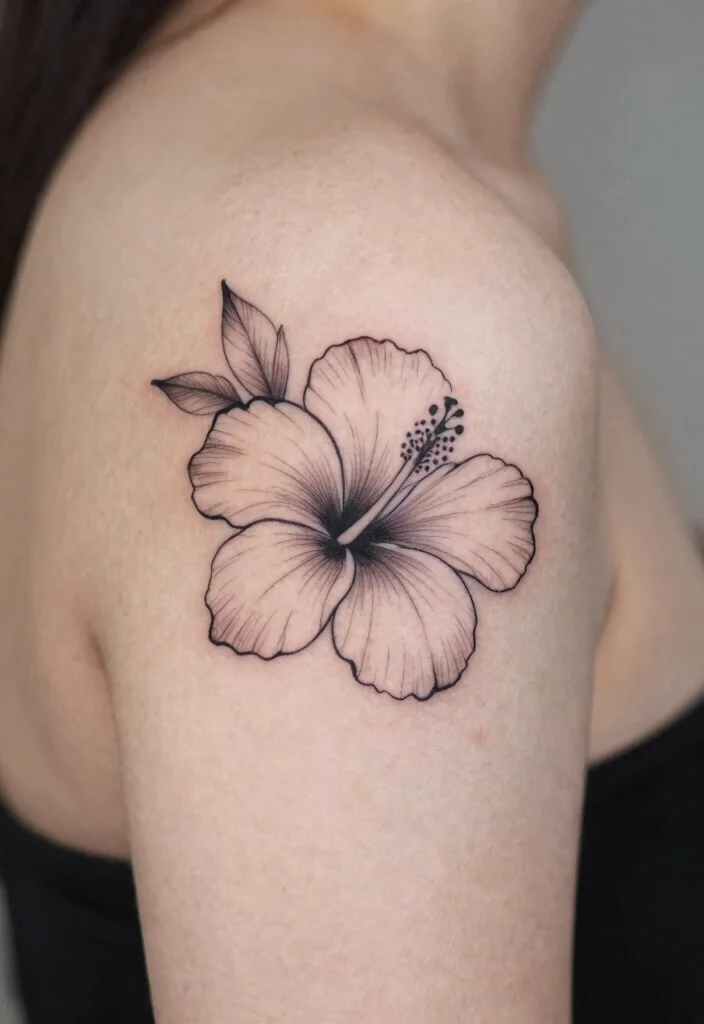 14 Hibiscus Shoulder Tattoo Ideas With Tropical Vibes - 3. Minimalist Hibiscus Outline 1