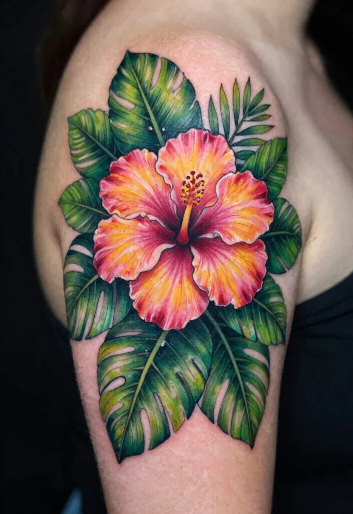 14 Hibiscus Shoulder Tattoo Ideas With Tropical Vibes - 4. Hibiscus with Tropical Leaves 1