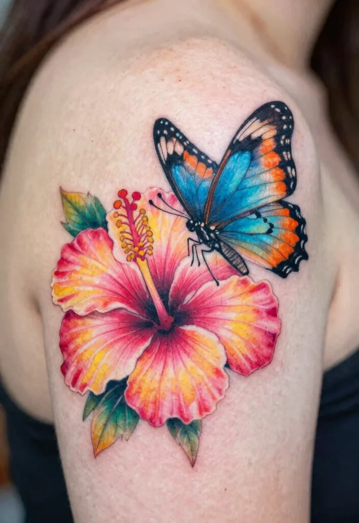14 Hibiscus Shoulder Tattoo Ideas With Tropical Vibes - 5. Hibiscus with Butterfly 1