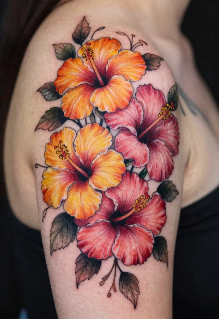 14 Hibiscus Shoulder Tattoo Ideas With Tropical Vibes - 6. Intertwined Hibiscus Flowers 1