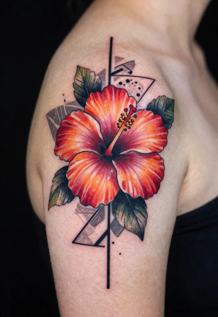 14 Hibiscus Shoulder Tattoo Ideas With Tropical Vibes - 7. Geometric Hibiscus 1