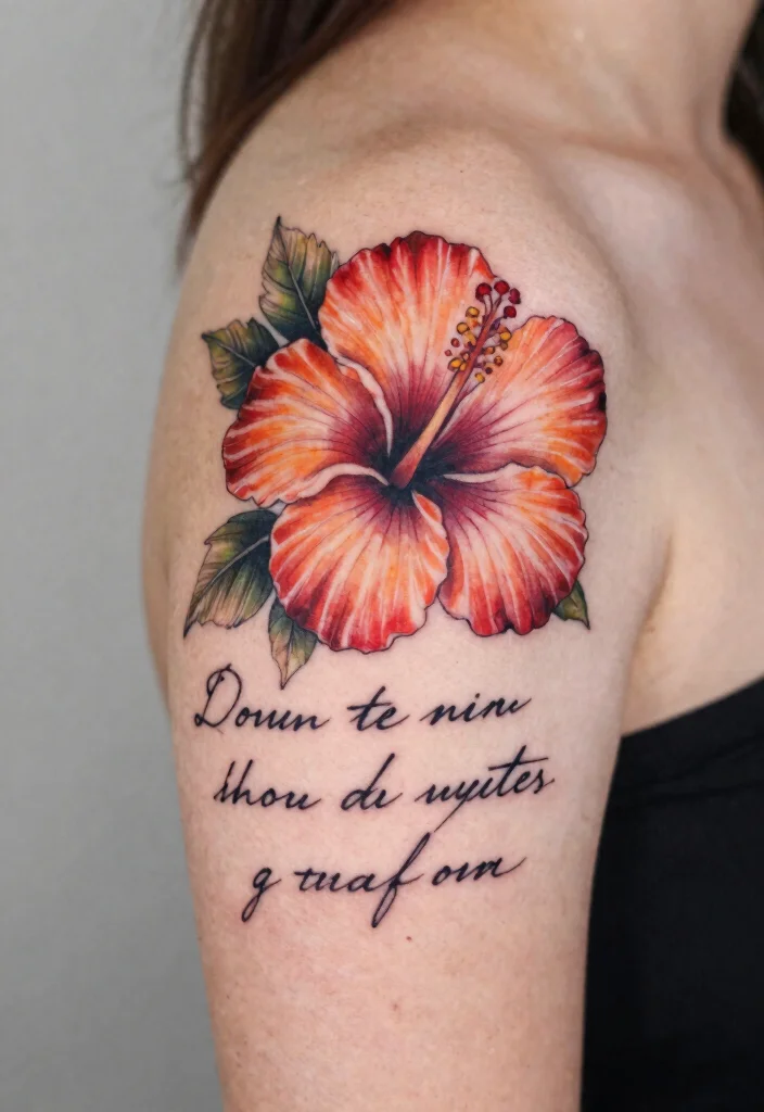 14 Hibiscus Shoulder Tattoo Ideas With Tropical Vibes - 8. Hibiscus with Quote 1