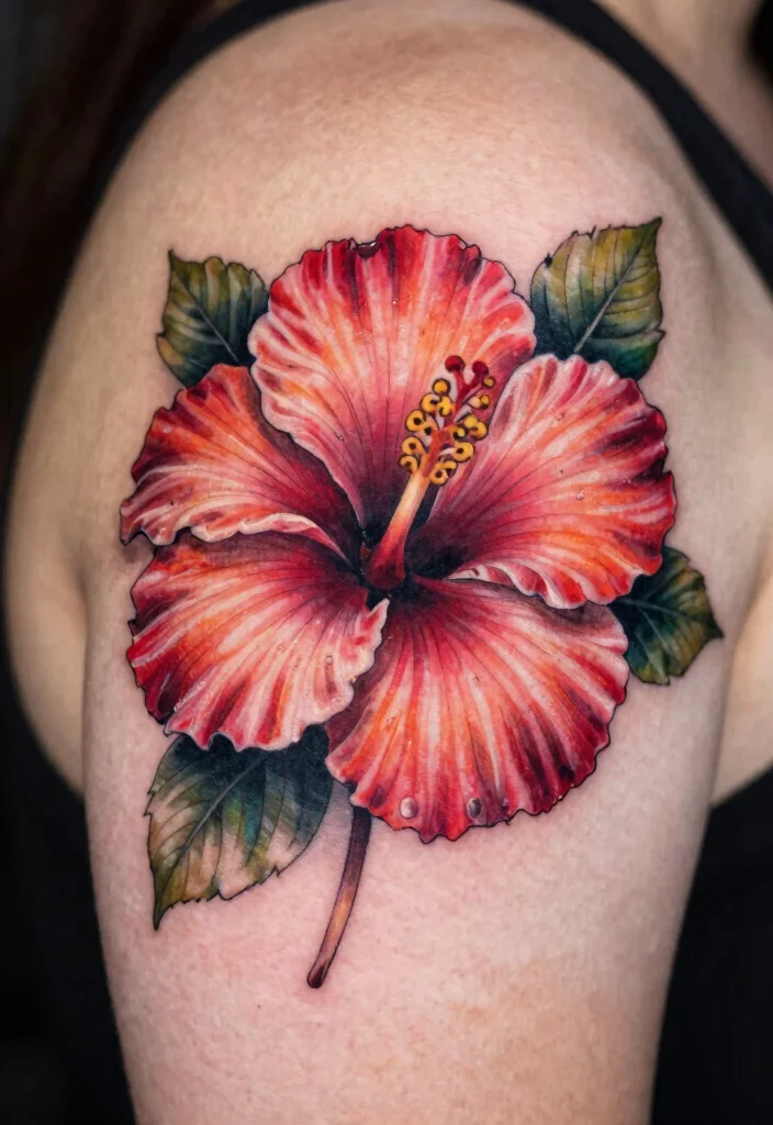 14 Hibiscus Shoulder Tattoo Ideas With Tropical Vibes - 9. 3D Hibiscus 1