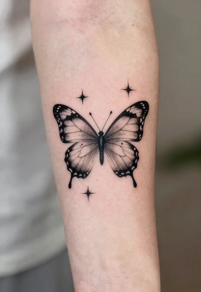 14 Tattoo Ideas Butterfly Arm Designs That Feel Delicate - 12. Butterfly with Stars 1