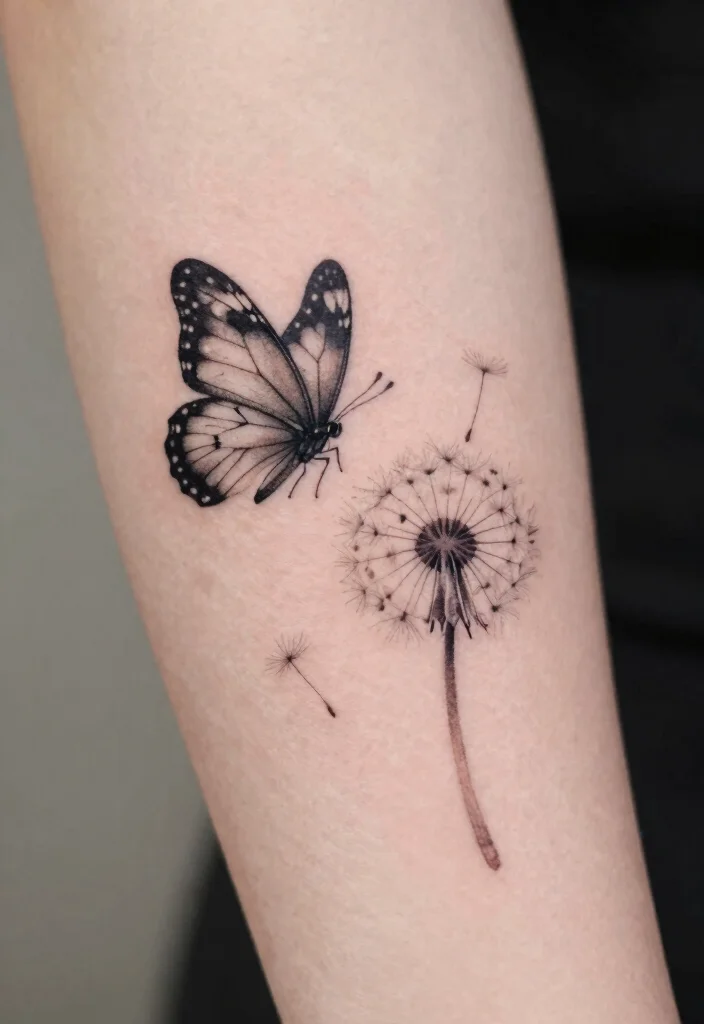 14 Tattoo Ideas Butterfly Arm Designs That Feel Delicate - 9. Butterfly with Dandelion 1