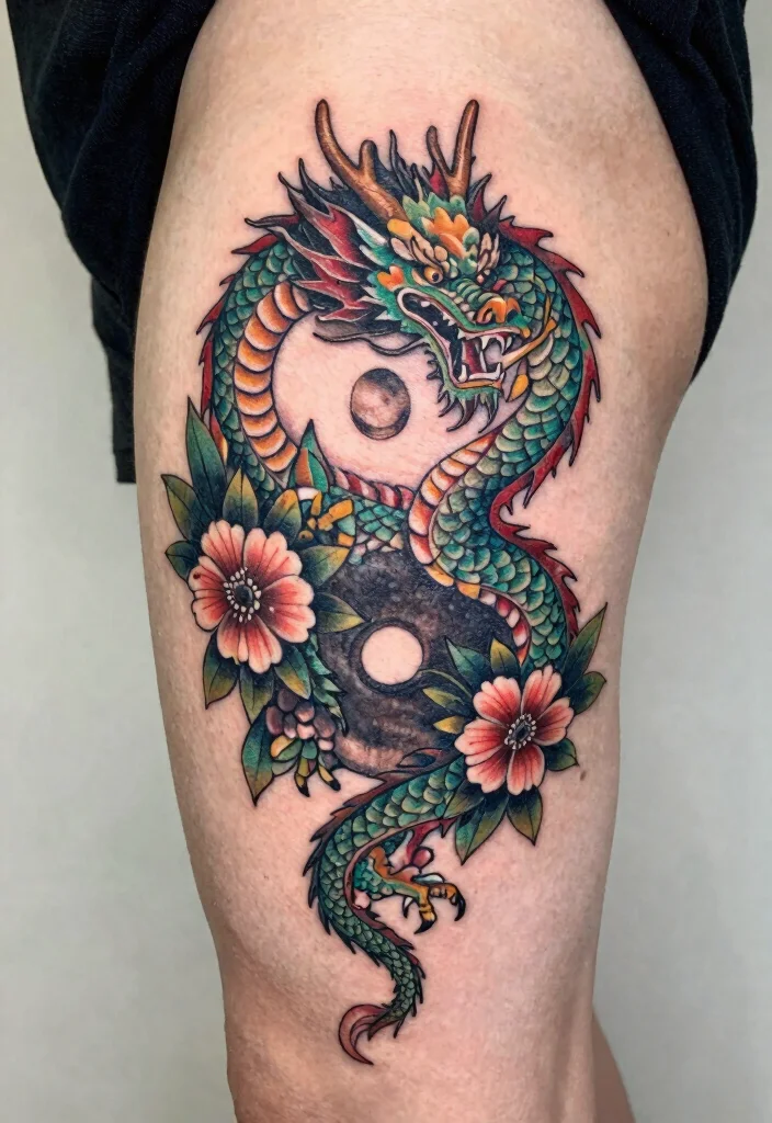 14 Yin Yang Dragon Tattoo Ideas With Balanced Power - 10. Yin Yang Dragon with Flowers 1