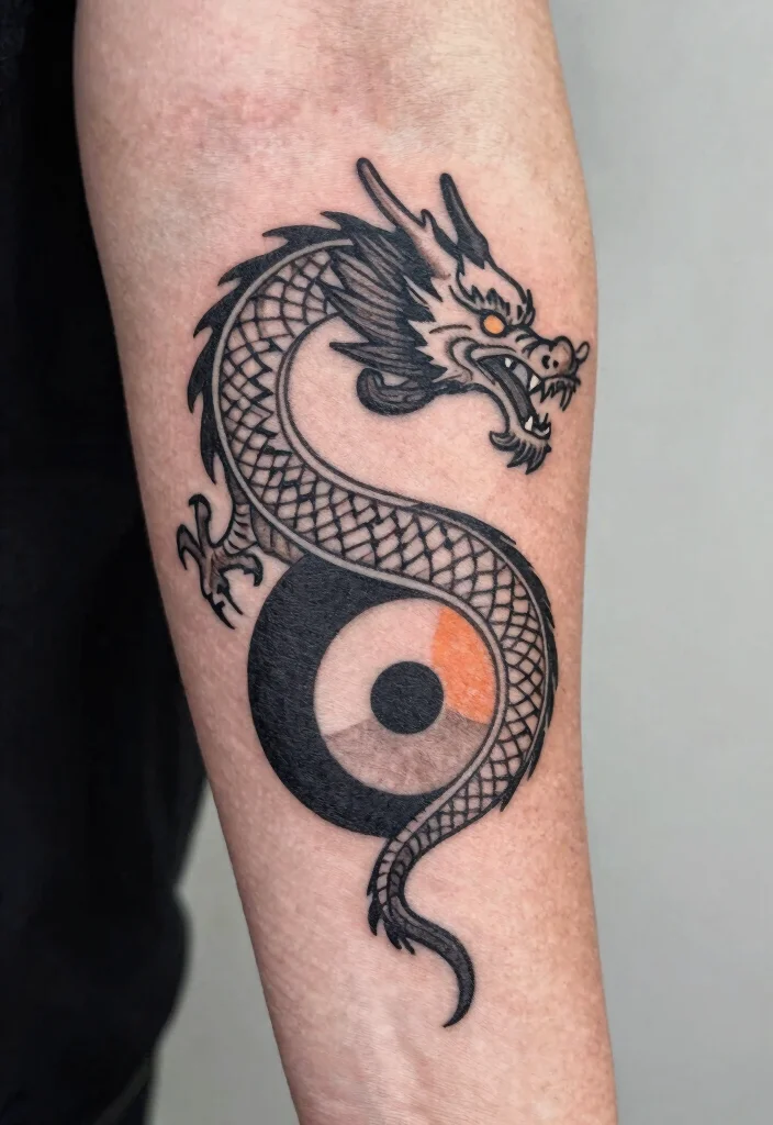 14 Yin Yang Dragon Tattoo Ideas With Balanced Power - 11. Yin Yang Dragon with Geometric Shapes 1