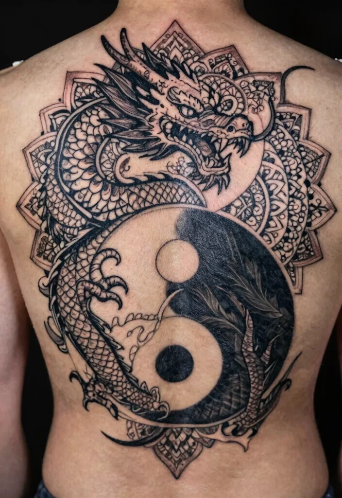 14 Yin Yang Dragon Tattoo Ideas With Balanced Power - 12. Yin Yang Dragon with Mandala Elements 1