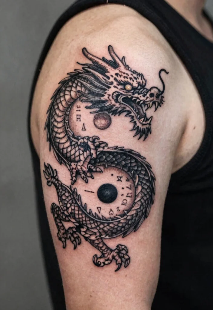 14 Yin Yang Dragon Tattoo Ideas With Balanced Power - 14. Yin Yang Dragon with Personal Symbols 1